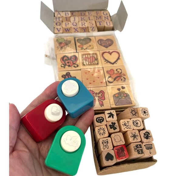 DIY 53 Craft Wooden Rubber Stamps Lot, 3 Decorative Craft Punchers Scrapbooking - Picture 11 of 11